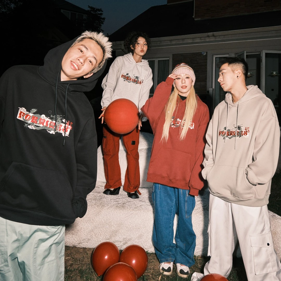 FORNINES国潮刺绣龙年重磅加绒卫衣男女秋冬情侣加厚连帽美式外套