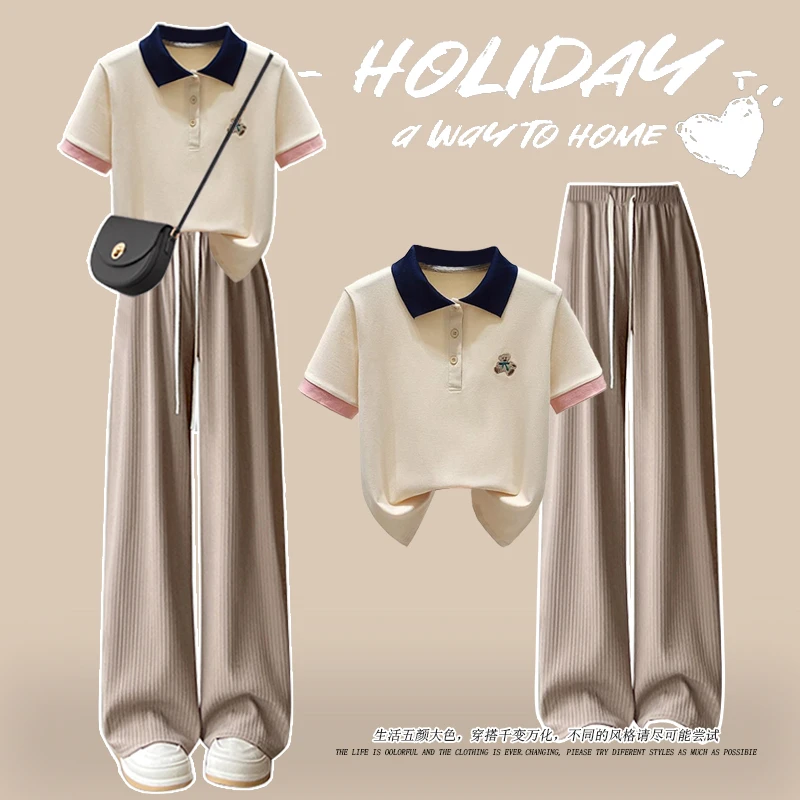 夏季中小学时尚两件套12-15岁POLO衫短袖T恤中大女童阔腿裤套装潮