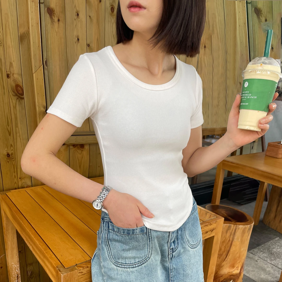 2025春夏纯色修身显瘦时尚简约百搭下摆圆弧女士圆领T恤