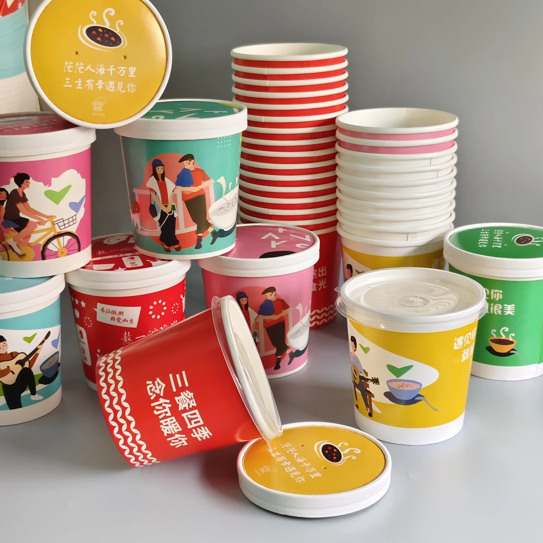 圆形750ml一次性纸碗牛皮纸粥桶外卖汤碗甜品炒酸奶粥打包盒带盖