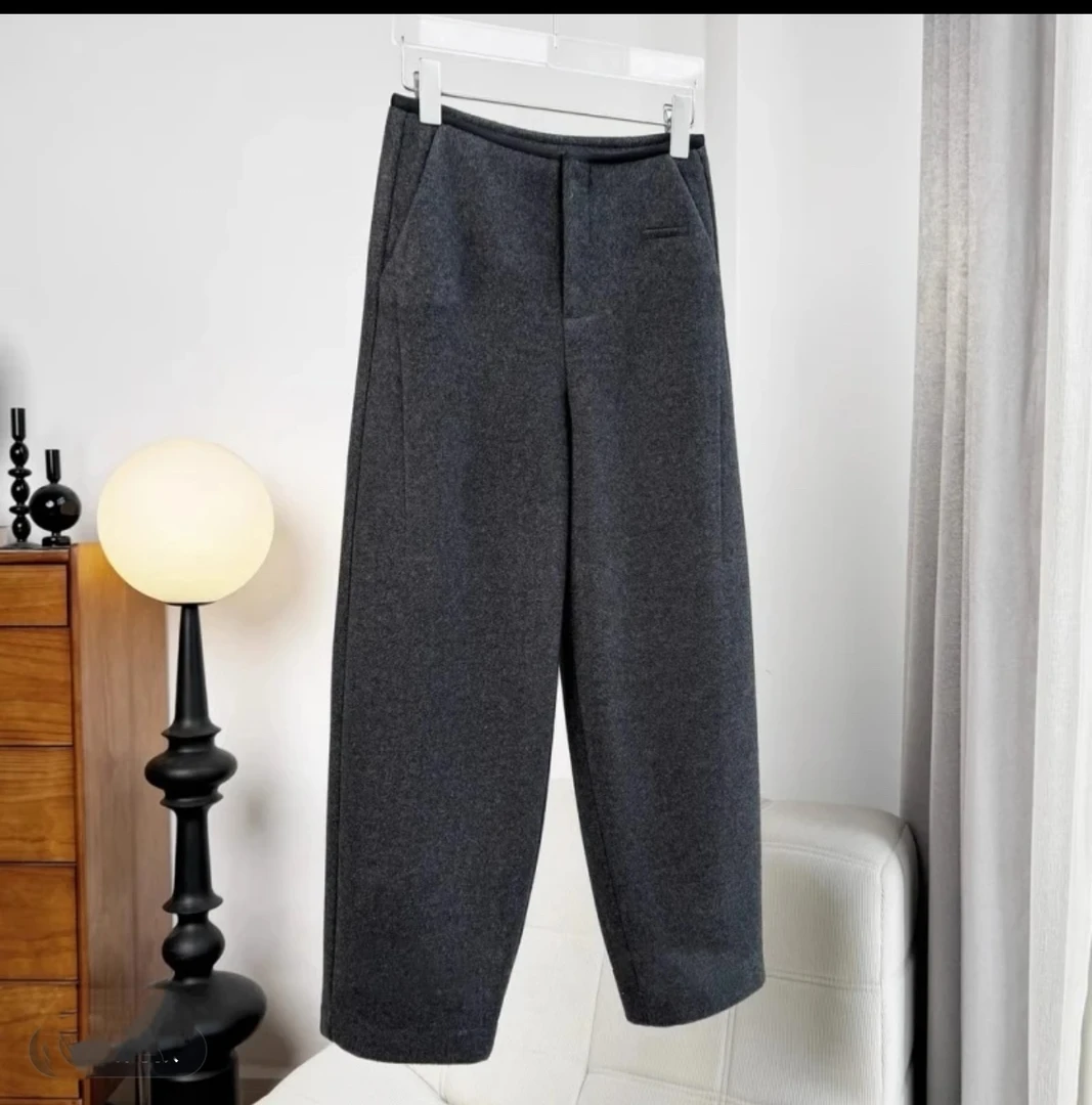 简约百搭宽松加绒厚款毛呢法棍裤秋冬纯色休闲