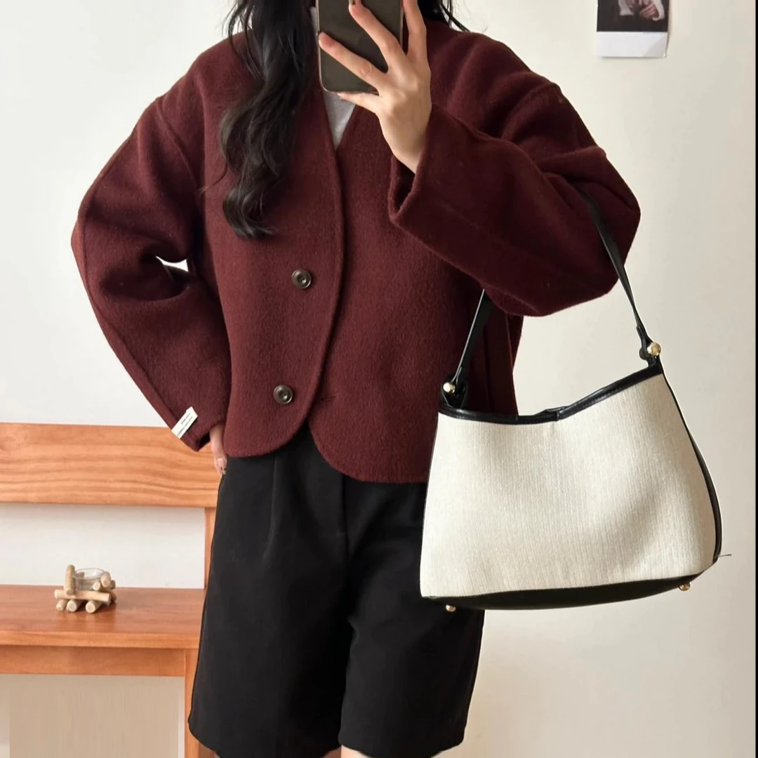 纯色双面毛呢外套女秋冬新款韩版V领时尚百搭重工绵羊毛上衣外搭