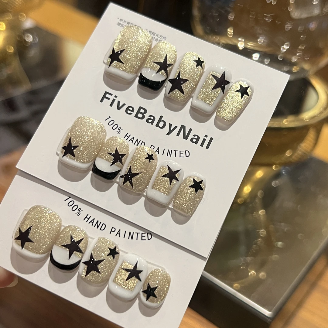 【星光大道】FIVEBABY纯手工秋冬金色猫眼五角星图纹ins风穿戴甲