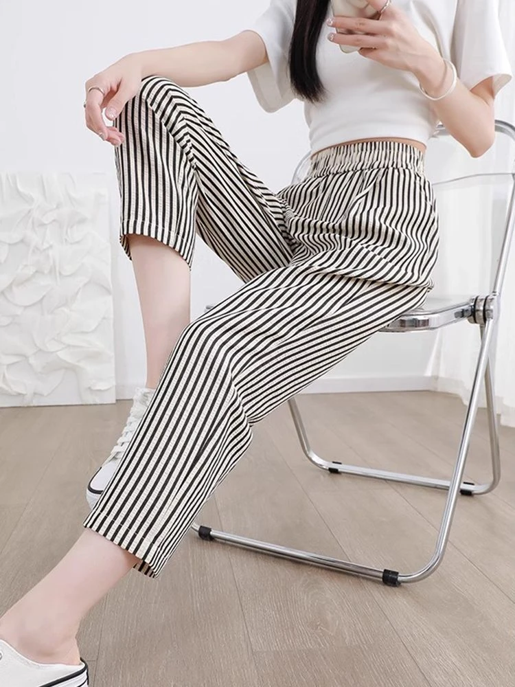 2024夏季新款条纹直筒裤高腰休闲薄款哈伦裤宽松显瘦版阔腿裤女