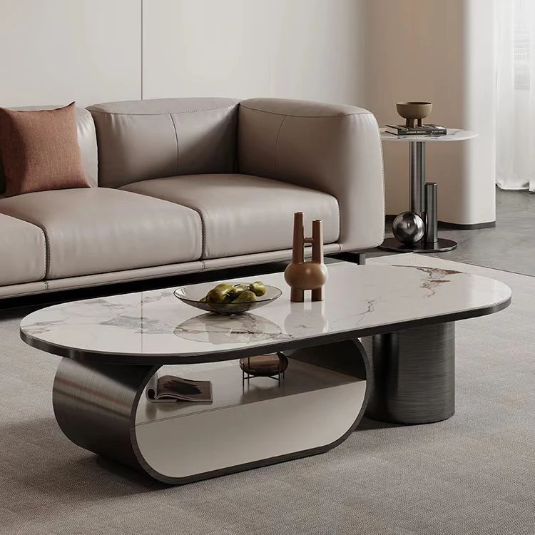 意式轻奢现代简约岩板茶几椭圆形大小组合带抽创意电视柜客厅家用
