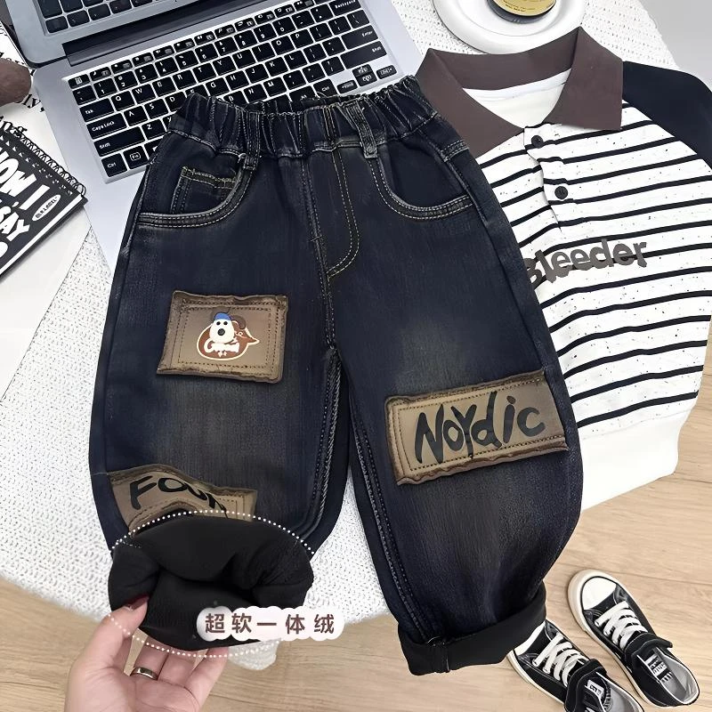 男童加绒裤子秋冬2024新款宝宝加厚一体牛仔裤儿童长裤冬季加绒裤