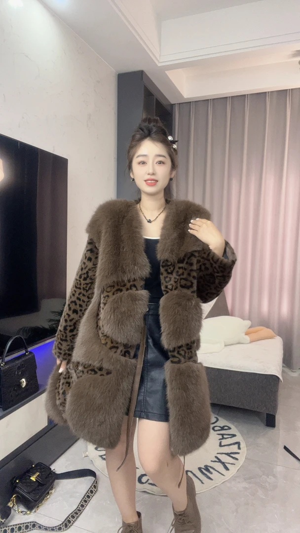 【D.F.N.推荐A2431】新品冬季拼色设计隐藏扣皮带款式中长毛毛外套