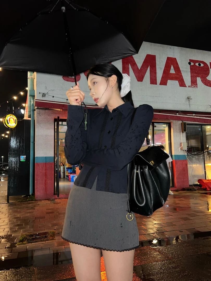 70不是七十【蓝调栀晓】早秋针织拼蕾丝花边衬衫领收腰泡泡长袖衬衫