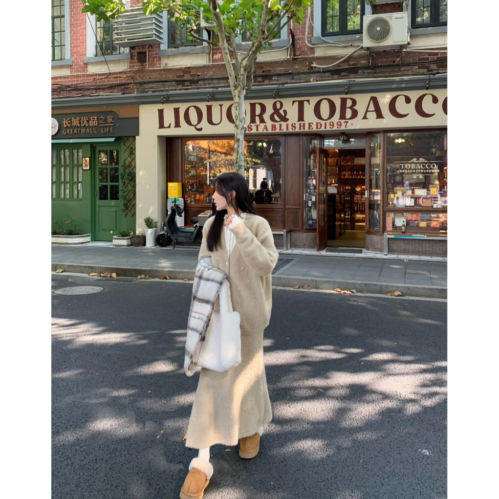 70不是七十【珍珠糯糯-半身裙】秋冬韩版毛织仿貂毛散摆长款半身裙