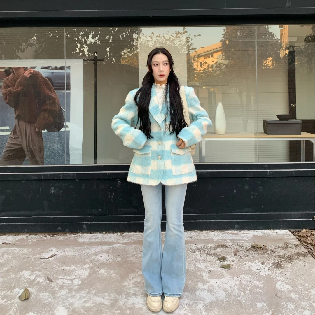 70不是七十【北国雪松】秋冬气质保暖梭织顺毛蓝白格子中长款外套