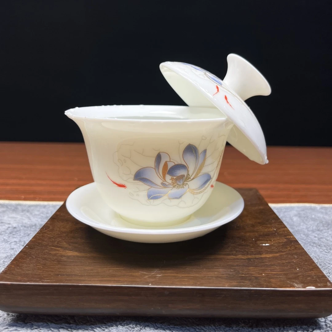 茶具盖碗家用手工悬停盖碗办公室大容量泡茶碗德化白瓷三才盖碗