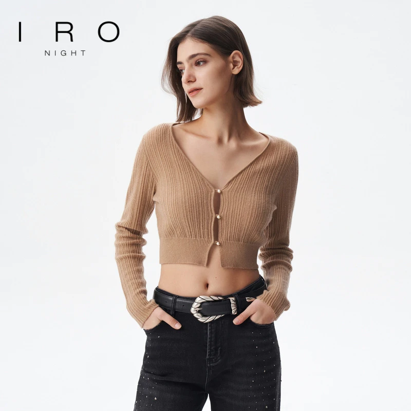 IRO Night 雅丹风山羊绒开衫毛衣镂空V领细闪法式轻奢春秋款新款