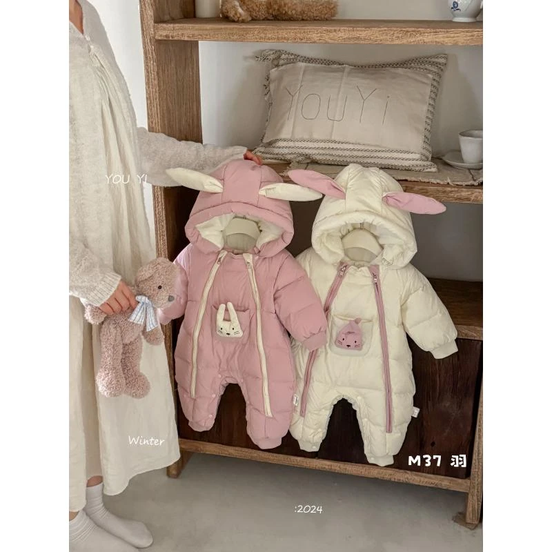 婴儿羽绒服冬季连体衣双拉链韩系小兔头口袋白鸭绒羽绒服2537