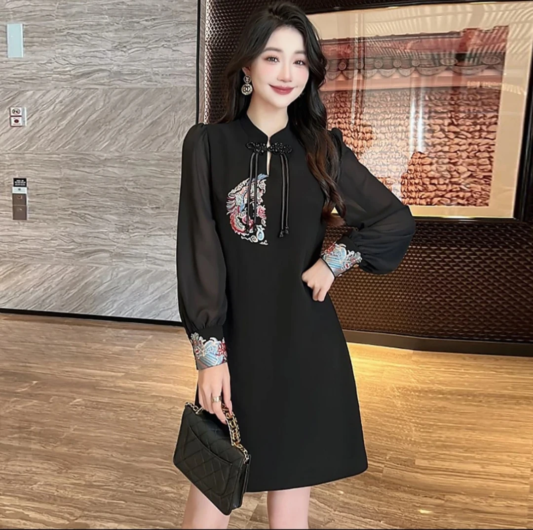 中国风复古盘扣时尚收腰连衣裙
