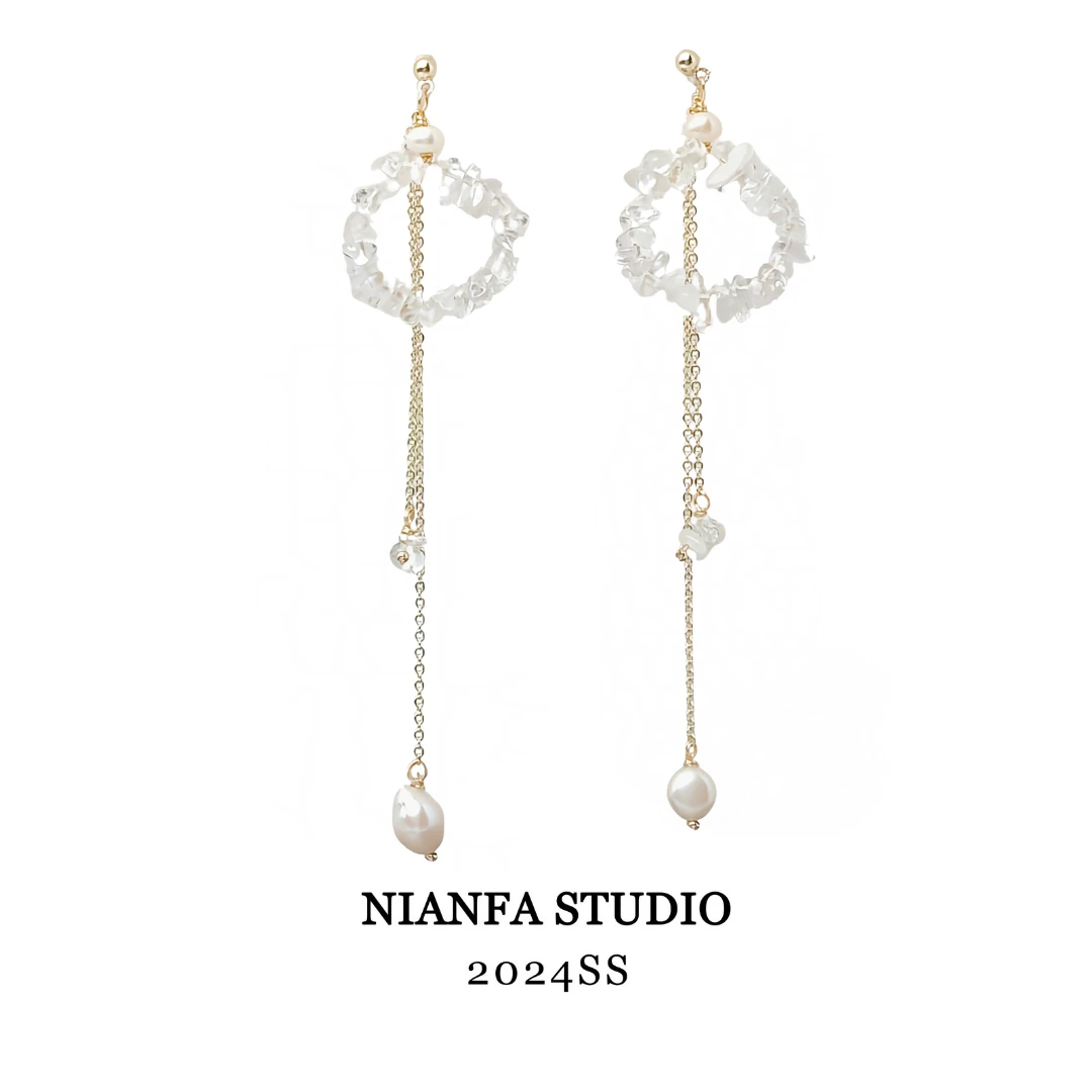 【一川月白】手工白色天然晶石 扫肩耳线灵氛围 长流苏