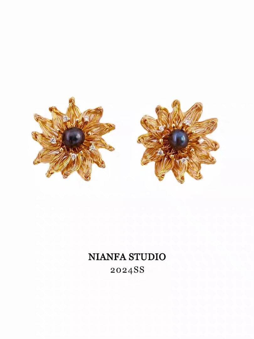 NIANFA｜原创手工编织梵高向日葵S925银针耳钉女复古珍珠花朵耳饰