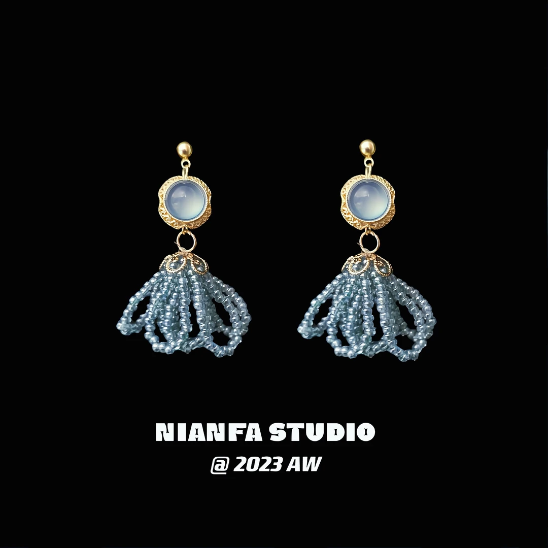 铜合金耳饰 【鲸落】复古琉璃绿宫廷风串珠流苏耳环 灵动高级手工