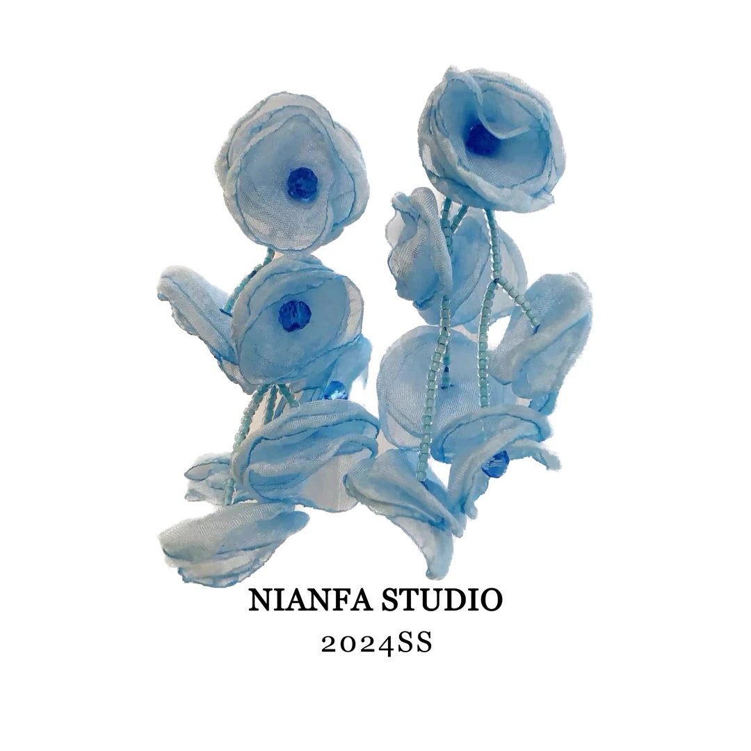 铜合金布艺耳饰 【蔚蓝】春夏新款森系蓝色花朵流苏 清新气质耳环