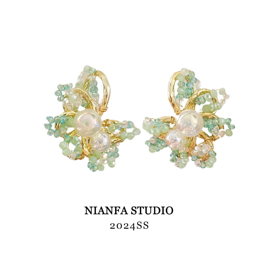 铜合金耳饰 【花枝招展】 清新串珠耳钉 立体蝴蝶灵动气质耳钉手工