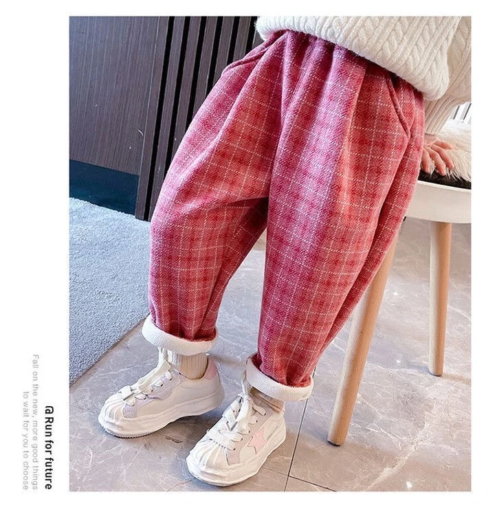 女童加绒加厚一体绒方格保暖裤春秋外穿韩版洋气格子休闲裤2024