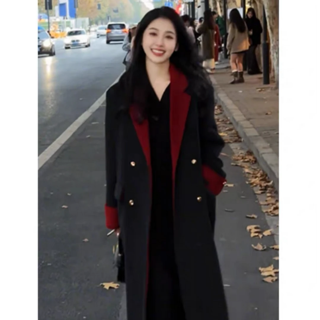 2024新款拼色双面手缝韩系羊毛大衣气质宽松秋冬时尚外套