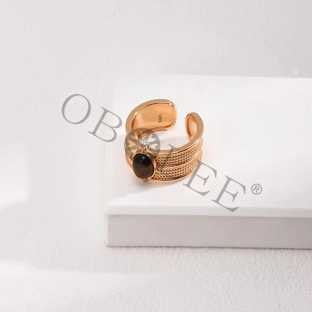 925银戒指 活口虎眼石复古法式中古气质百搭金色小众简约网红款