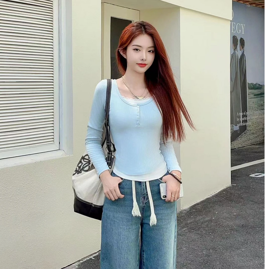 bm风碎花长袖打底衫女T恤春秋季2024新款假两件甜辣纯欲正肩上衣