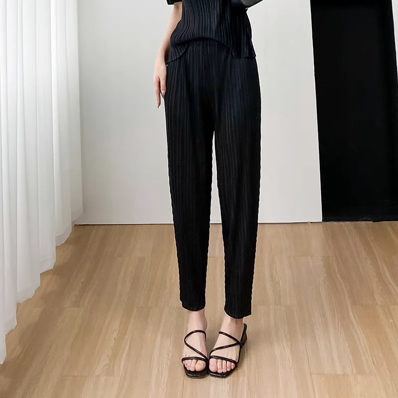 三宅新款夏季显瘦百搭褶皱九分奶奶裤子宽松大码萝卜薄款哈伦裤女
