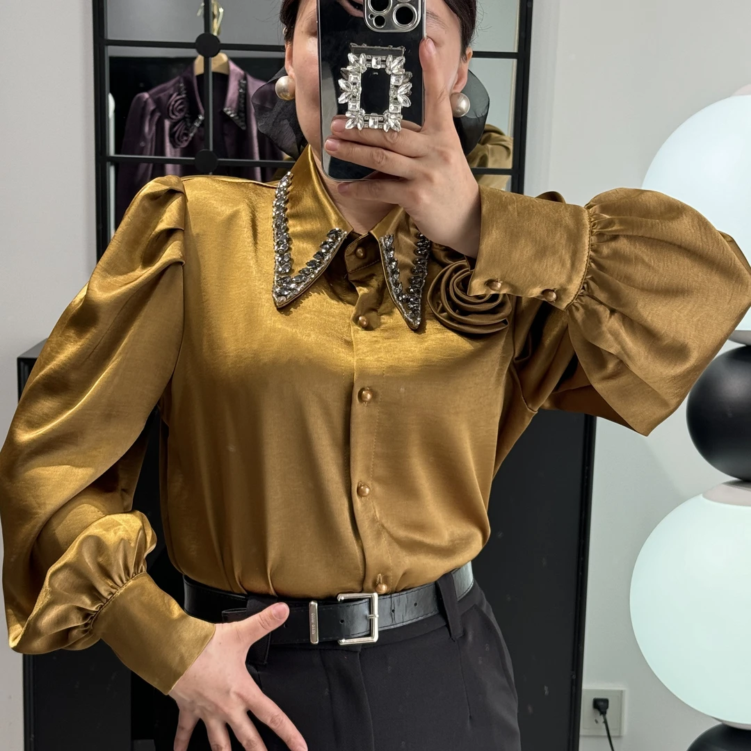 设计感重工镶钻立体花朵衬衫女装新款春季衬衣轻奢高级感上衣