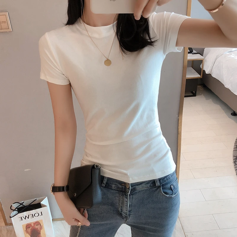 短袖t恤女春季2024新款修身显瘦气质圆领打底衫洋气百搭纯色上衣