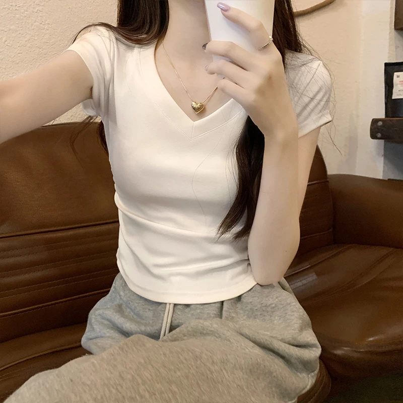女t恤短袖上衣夏季2025新款正肩修身短款v领收腰显瘦褶皱设计感