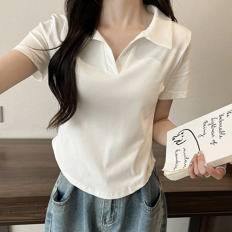 欧货正肩短袖t恤女2024新款夏季修身不规则POLO领短款打底衫上衣