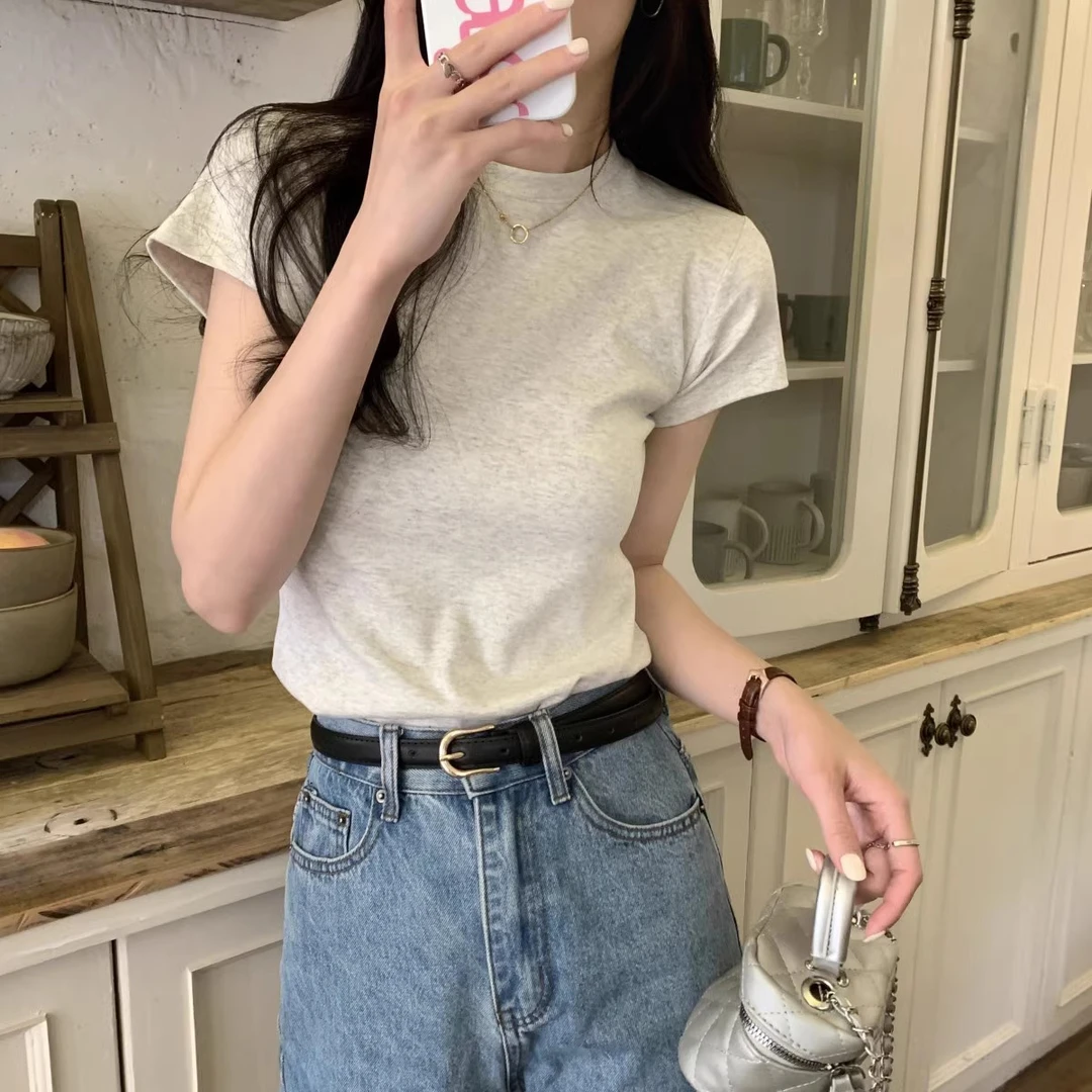 40支92棉8氨纶白色短袖正肩白T恤女2024夏季新款修身内搭打底衫
