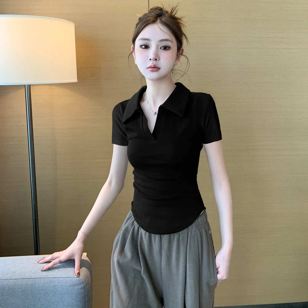 黑色Polo领短袖t恤女2024新款夏季修身正肩百搭显瘦短款翻领上衣