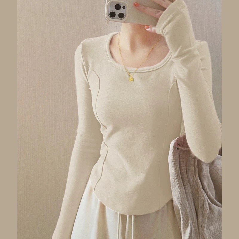 不规则德绒方领针织打底衫女秋冬季修身内搭长袖t恤加厚保暖上衣
