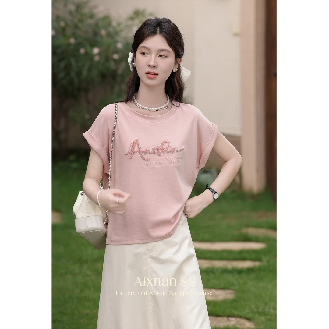 【现货】茉茉「柔情粉悦」显瘦短袖女t恤圆领上衣L37125