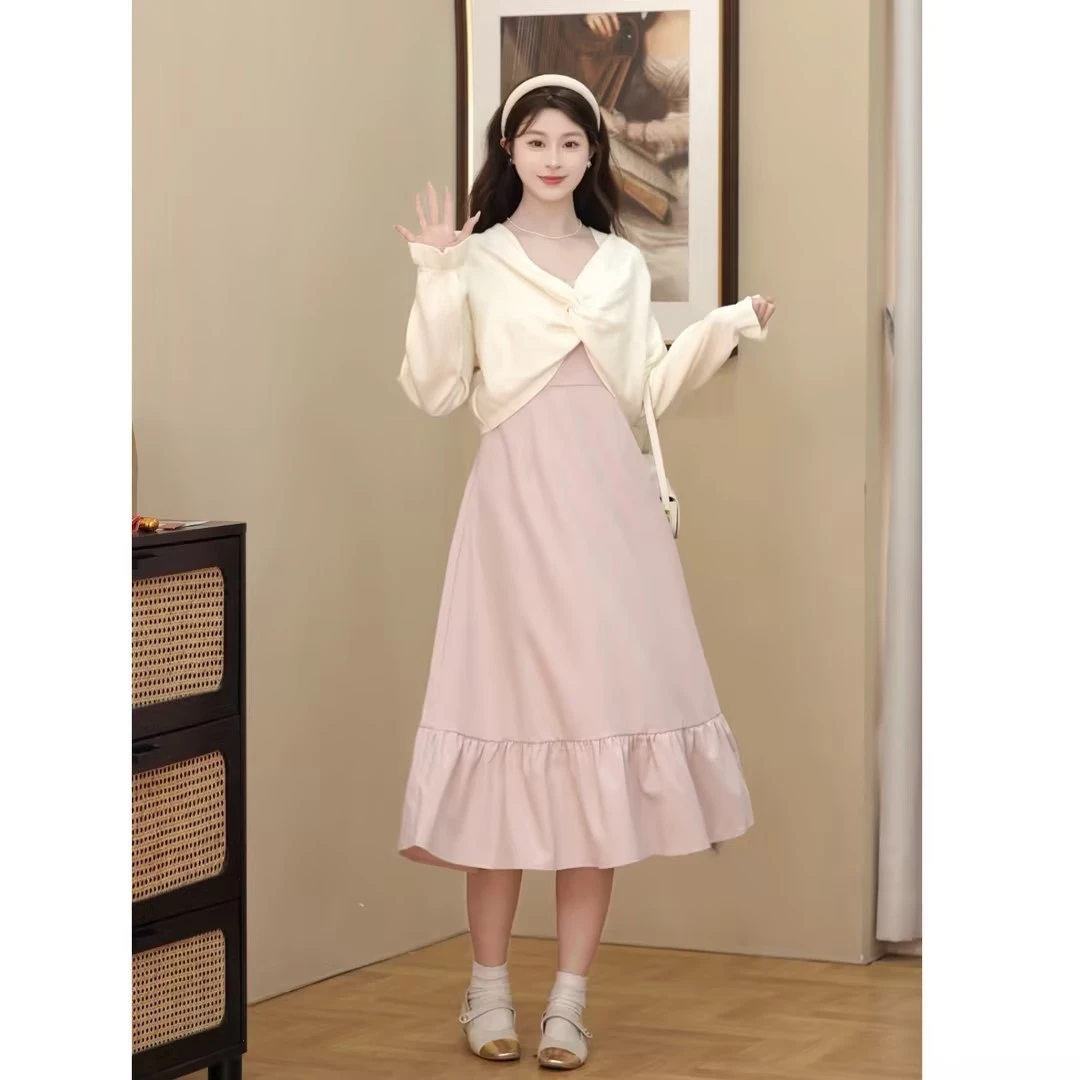 【清清】MOMO 早春小众温柔法式甜美气质毛织衫连衣裙套装