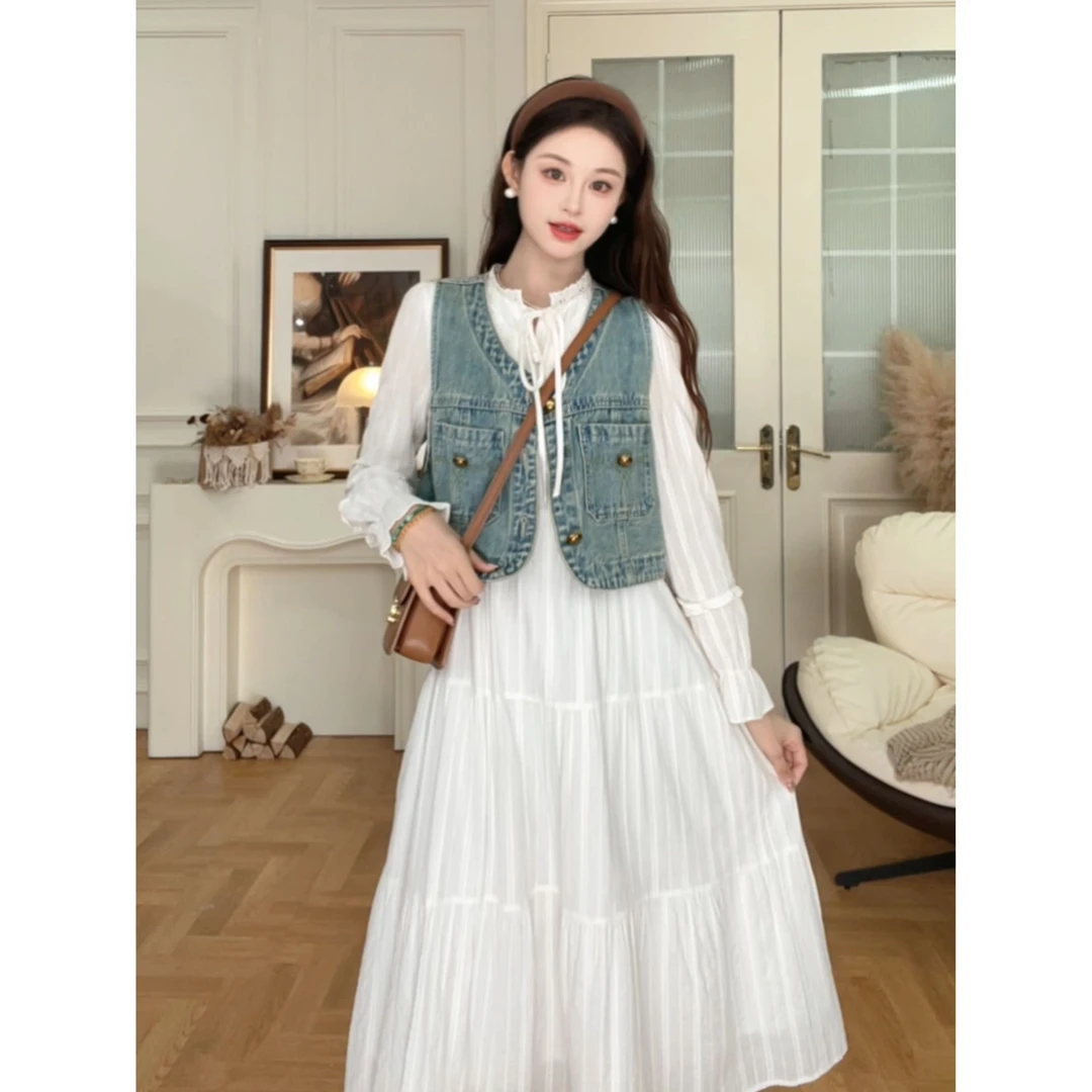 白月光秋季连衣裙马甲套装L333110