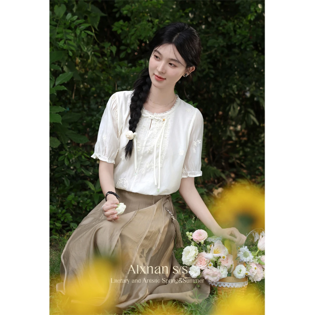 【现货】茉茉「琥珀流光」米白色衬衫短袖女L35812