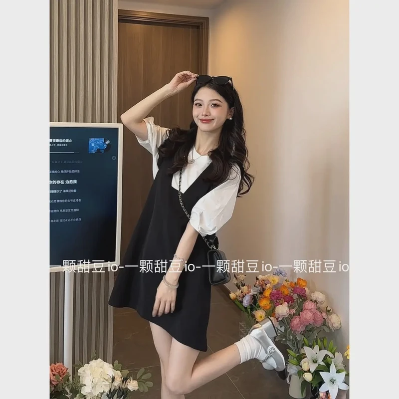 喜沐时尚气质两件套装女2024夏季新款短袖T恤上衣背带裙连衣裙