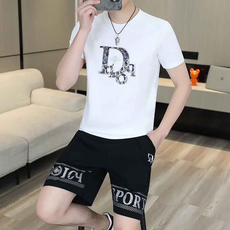 短袖t恤男短裤套装男士时尚轻奢圆领休闲运动衣服夏天男装一整套