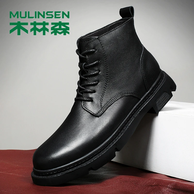 木林森男靴2024秋冬新款时尚高帮靴子休闲鞋百搭真皮牛皮马丁靴潮