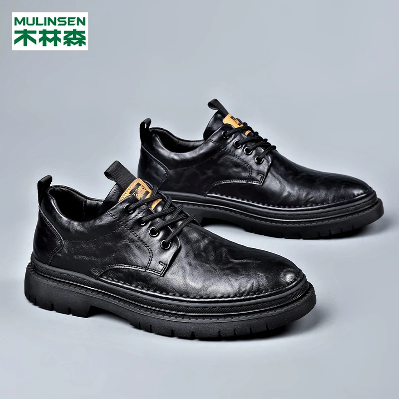 木林森2024新款时尚运动皮鞋时尚休闲百搭低帮真皮牛皮工装鞋男鞋