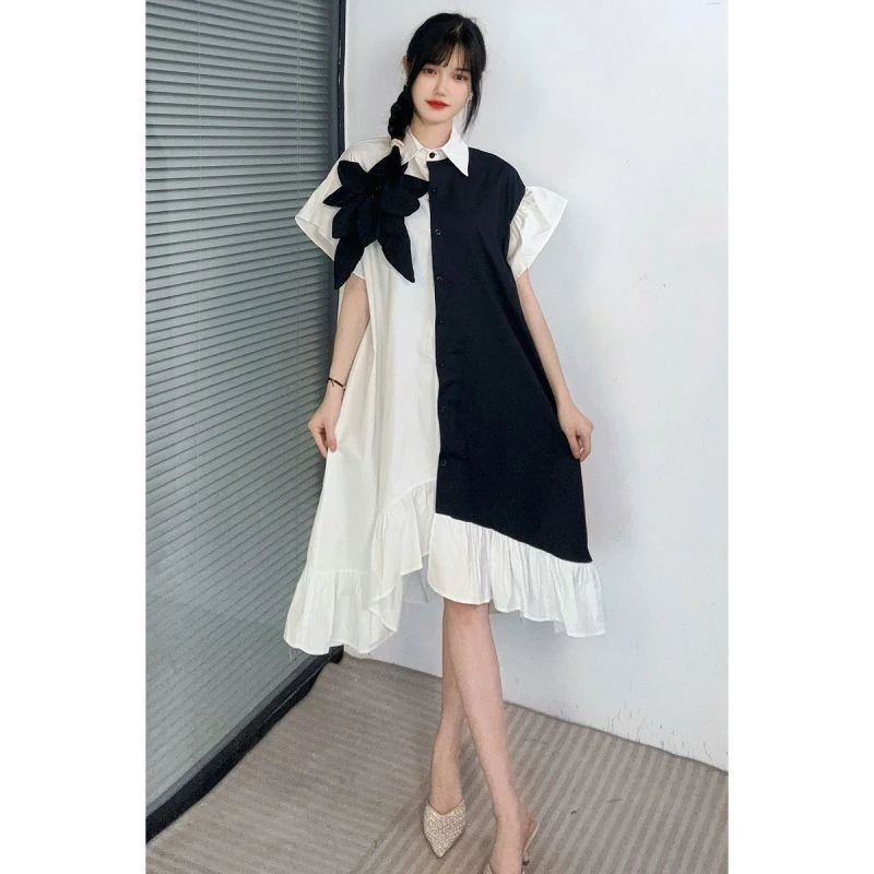 2024秋季新款宽松显瘦撞色连衣裙女中长款荷叶边长衬衫裙优雅时尚