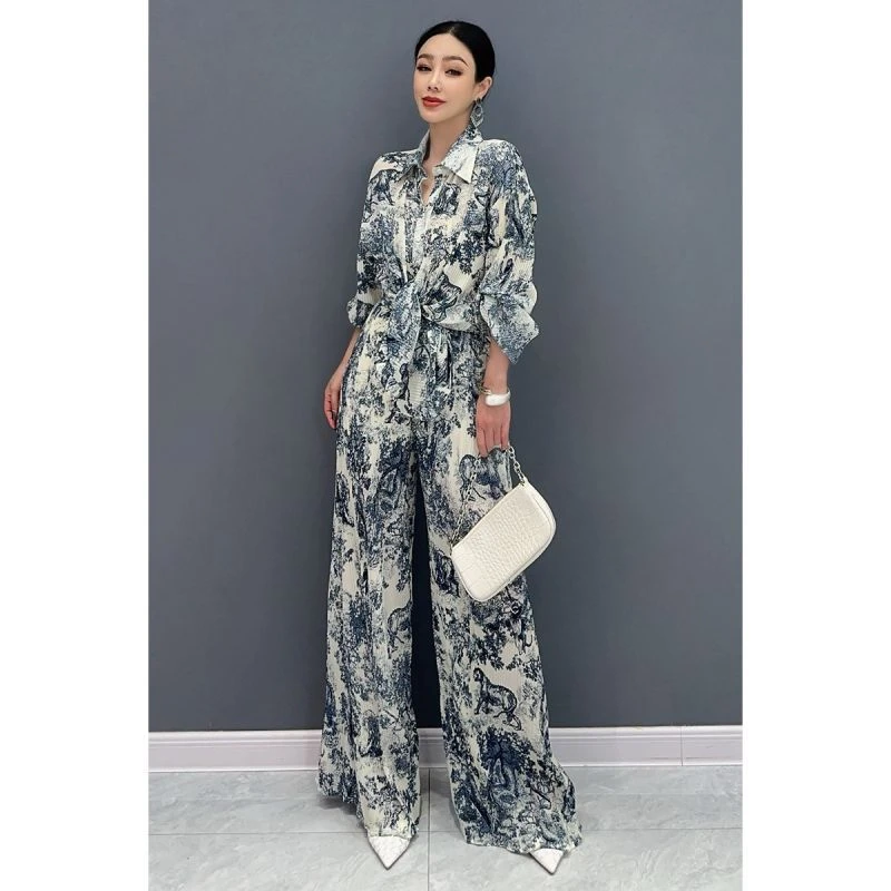 2025秋季时尚套装双拼色绘画休闲运动百搭衬衫长裤两件套