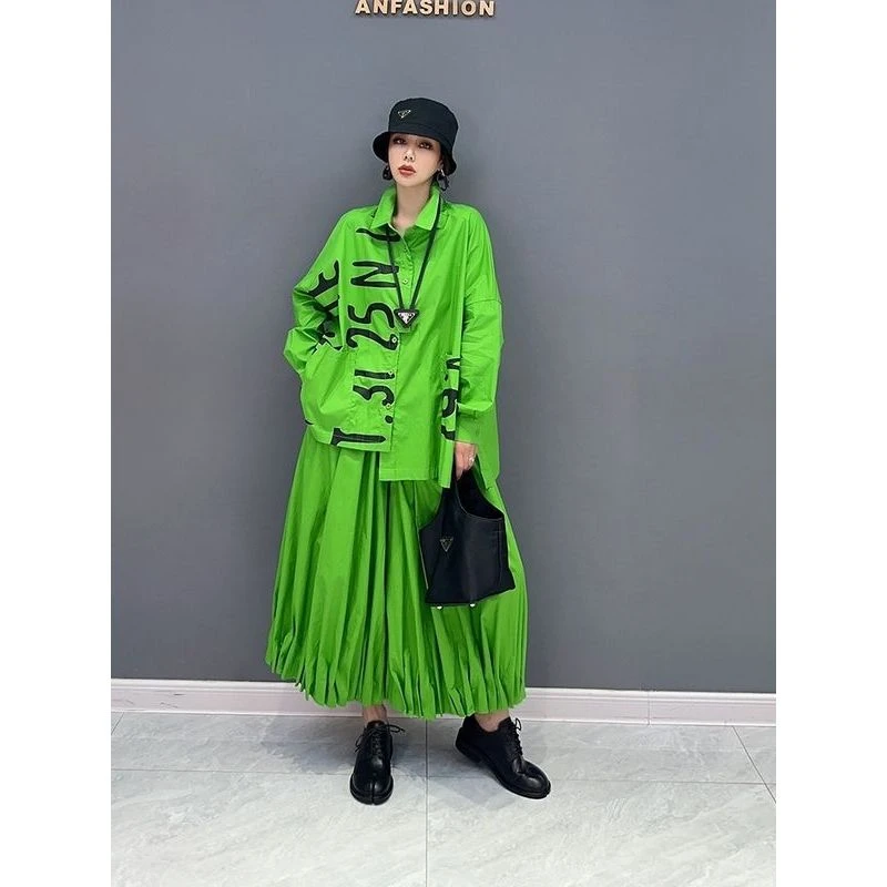 2024夏季新款休闲字母印花宽松衬衫时尚灯笼裤两件套装宽松潮流女