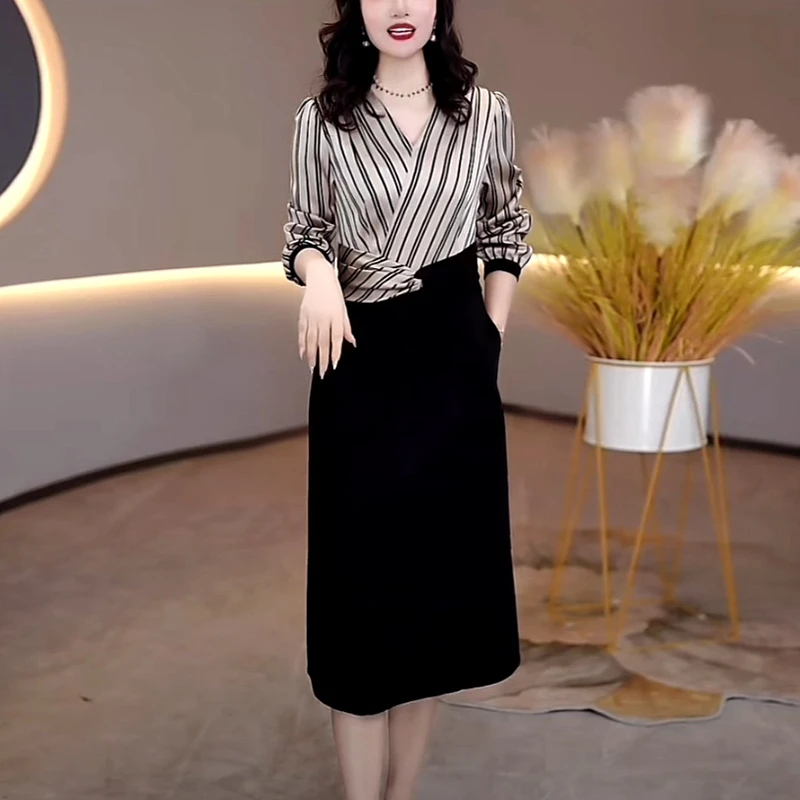 华尔缎气质女装2025春季新款轻奢修身显瘦拼接假两件条纹连衣裙子