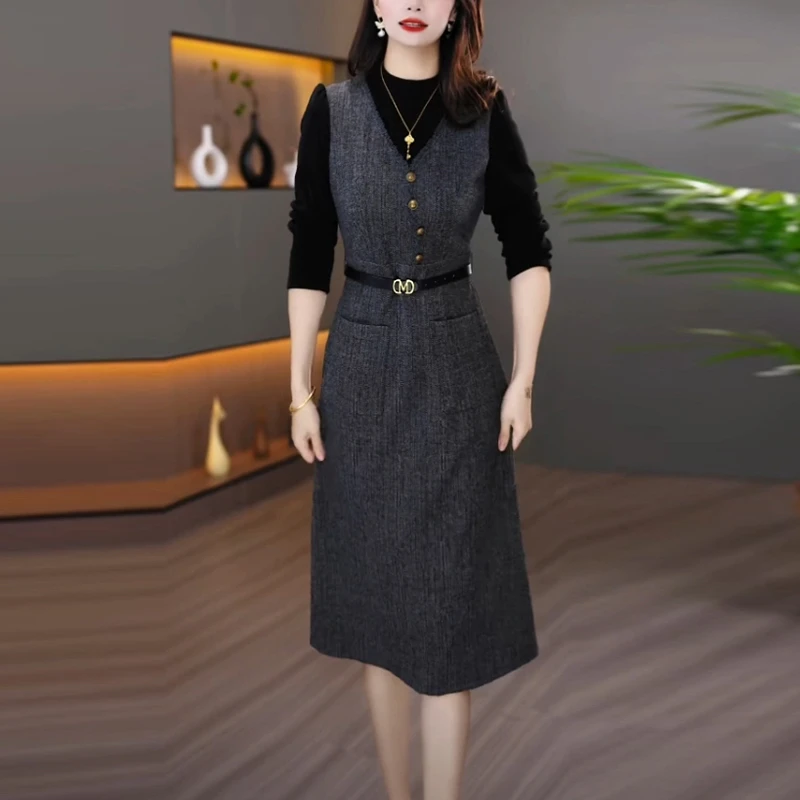 磨毛精纺2024春秋新款气质高级感女装长袖假两件收腰显瘦连衣裙子