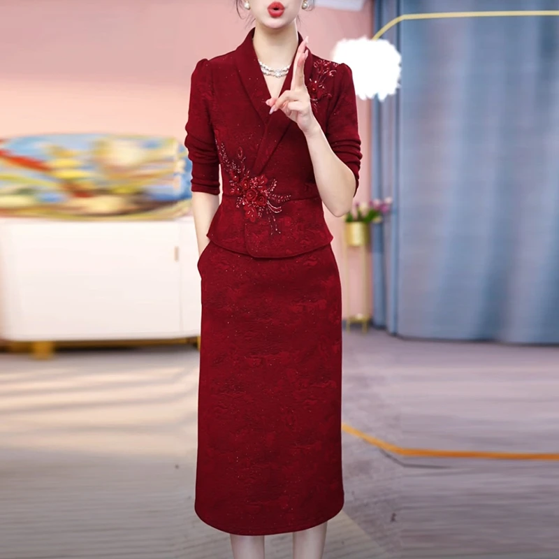 暮云精纺加绒加厚打底裙2025冬季新款时尚红色婚宴假两件连衣裙子