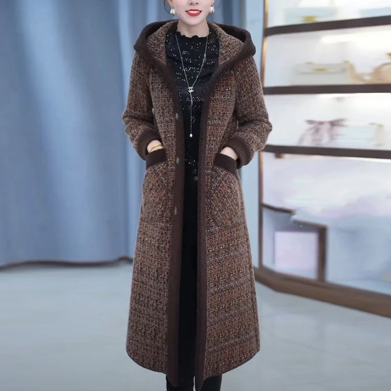 迪雅绒双面穿中长款大衣女2024冬季新款气质连帽加绒加厚毛呢外套